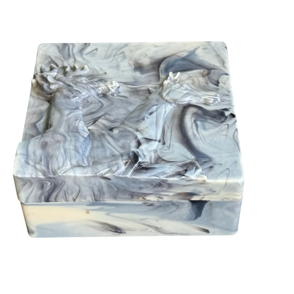 Vintage Hickok Gray Black Marble Plastic Deco Trinket Box Horse Deer